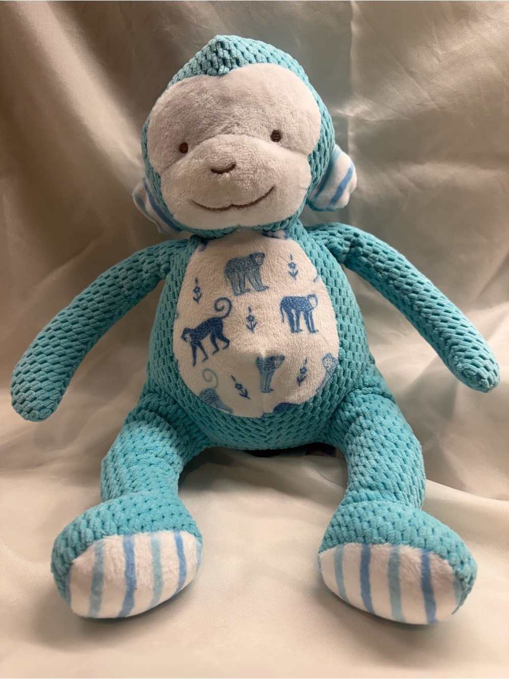 Bunnies by the Bay Aqua and White Monkey Plush with Patterned Belly